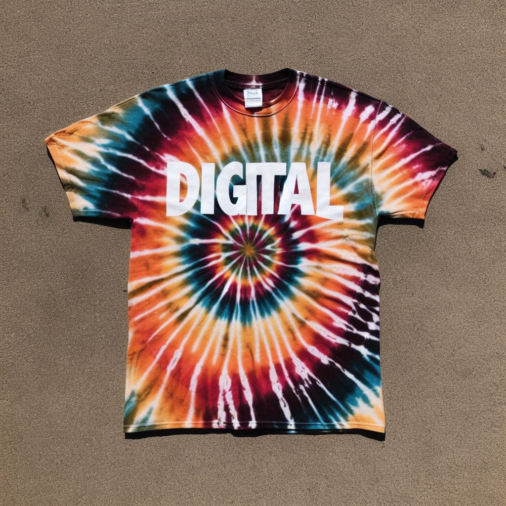 An image of a tie-dye tee shirt with a logo that says digital.